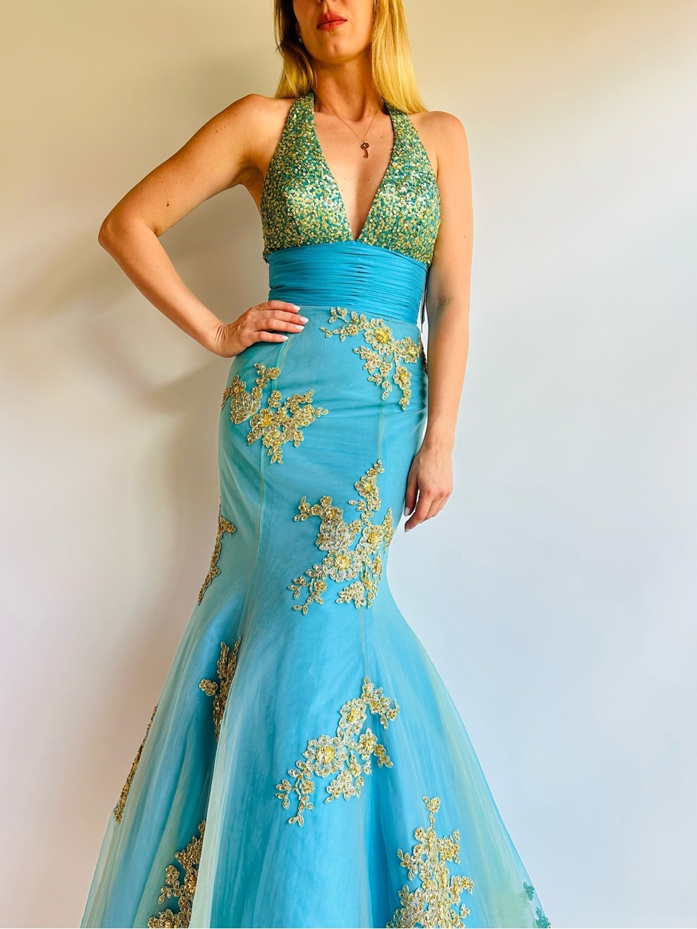 New Vintage Jovani Mermaid Gown Sequin Beaded Halter Prom Pageant Formal Dress